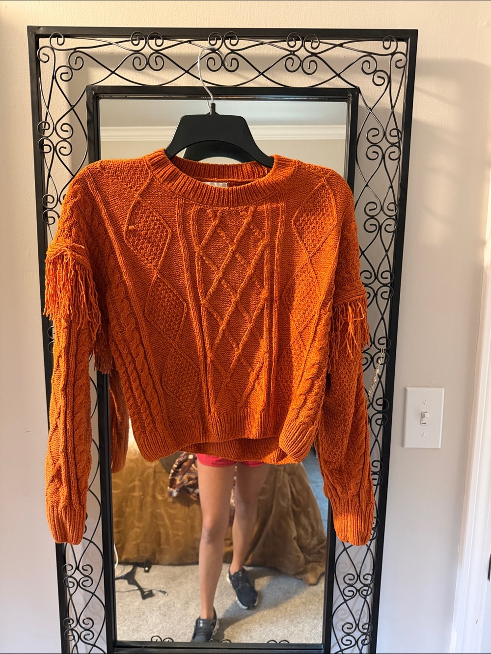 Pink Rose Orange Cable-Knit Fringe Crew Sweater